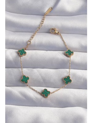 Uravas Store Çelik Baby Boy Gold Renk Çizgili Yeşil Mineli Yonca Bileklik - TJ-BB6271