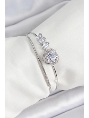 Uravas Store Pirinç Gümüş Renk Kalpli Zirkon Taşlı Kadın Bileklik - TJ-BB7065