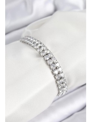 Uravas Store Pirinç Zirkon Taşlı Çift Sıra Kare Model Gümüş Renk Asansörlü Kadın Bileklik - TJ-BB7730