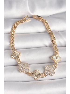 Uravas Store Pirinç Gold Renk Zirkon Taşlı Yonca Model Kadın Bileklik - TJ-BB6836