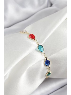 Uravas Store Pirinç Gold Renk Karışık Renk Damla Zirkon Taşlı Kadın Bileklik - TJ-BB7048