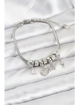 Uravas Store Pirinç Gümüş Renk Charmlı Kadın Bileklik - TJ-BB8192