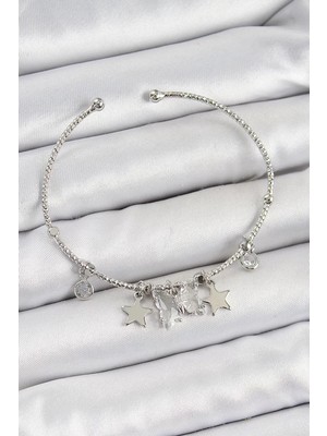 Uravas Store Pirinç Zirkon Taşlı Yıldız Model Gümüş Renk Charm Bileklik - TJ-BB7345