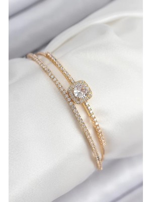 Uravas Store Pirinç Zirkon Taşlı Baget Model Gold Renk Kadın Bileklik - TJ-BB7871