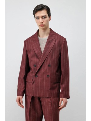 Antioch Bordo Keten Karışımlı Çizgili Erkek Blazer Ceket