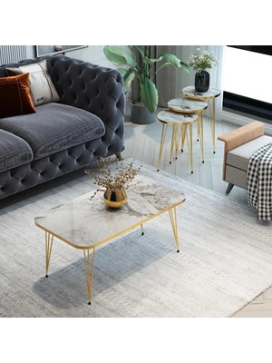 Mooncapella 4'lü, Modern Gold Detaylı Metal Ayaklı Sehpa Seti -Mermer Görünümlü Gri