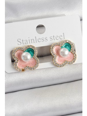 Uravas Store Pirinç Pembe Mineli Inci Detaylı Zirkon Taşlı Sanatsal Portre Yonca Model Gold Renk Kadın Küpe - Tj