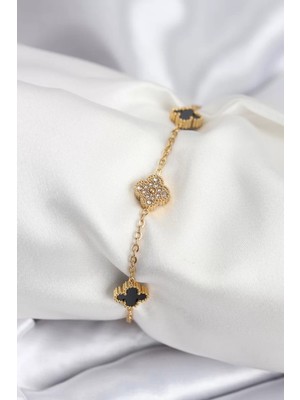 Uravas Store Çelik Gold Renk Siyah Zirkon Taşlı Baby Boy Yonca Kadın Bileklik - TJ-BB7953
