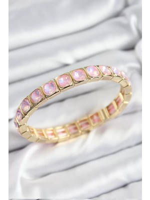 Uravas Store Pirinç Pembe Zirkon Taşlı Kare Model Gold Renk Lastikli Kadın Bileklik - TJ-BB7499