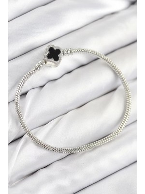 Uravas Store Pirinç Charm Zirkon Taşlı Yonca Model Gümüş Renk Kadın Bileklik - TJ-BB7800