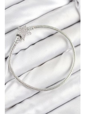 Uravas Store Pirinç Charm Zirkon Taşlı Yıldız Model Gümüş Renk Kadın Bileklik - TJ-BB7804