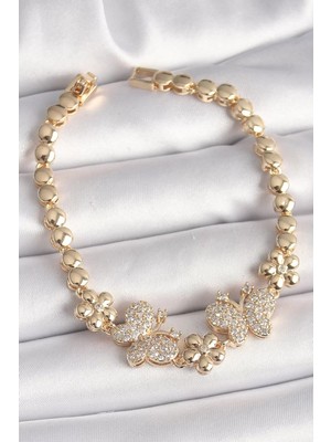 Uravas Store Pirinç Gold Renk Zirkon Taşlı Figür Çiçek Zincir Model Kadın Bileklik - TJ-BB6826