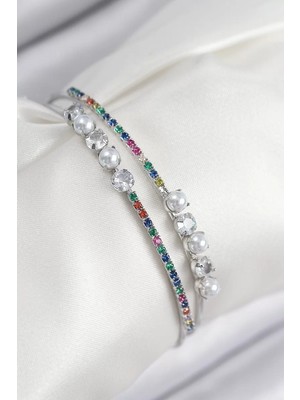 Uravas Store Pirinç Zirkon Taşlı Inci Model Gümüş Renk Kadın Bileklik - TJ-BB7876