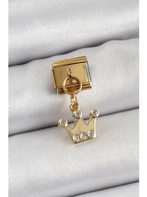 Uravas Store Çelik Sallantılı Zirkon Taşlı Kraliçe Tacı Model Gold Renk Nomination Charm - TJ-BC1397
