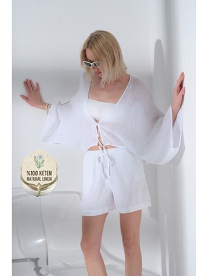 Maule %100 Keten Yarasa Kol Bağcıklı Rahat Kalıp Kimono Bluz @kinos