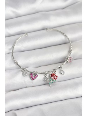 Uravas Store Gül Charmlı Gümüş Renk Pirinç Kadın Bileklik - TJ-BB8044