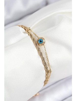 Uravas Store Çelik Nazar Boncuk Model Burgu Zincir Gold Renk Kadın Bileklik - TJ-BB7829