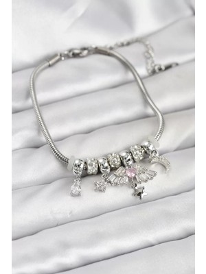 Uravas Store Pirinç Gümüş Renk Kanatlı Charmlı Kadın Bileklik - TJ-BB8198