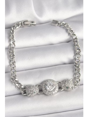 Uravas Store Pirinç Gümüş Renk Zirkon Taşlı Leopar Figür Zincir Model Kadın Bileklik - TJ-BB6829