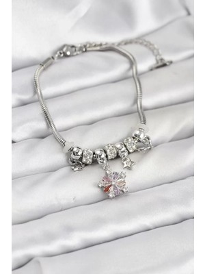 Uravas Store Pirinç Gümüş Renk Renkli Yıldız Charmlı Kadın Bileklik - TJ-BB8186