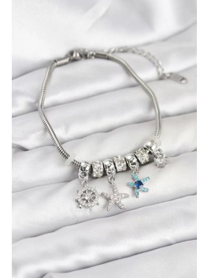 Uravas Store Pirinç Gümüş Renk Deniz Tema Charmlı Kadın Bileklik - TJ-BB8206