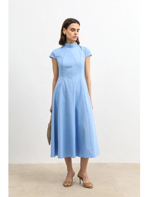 Antioch Mavi Poplin Kadın Midi Elbise