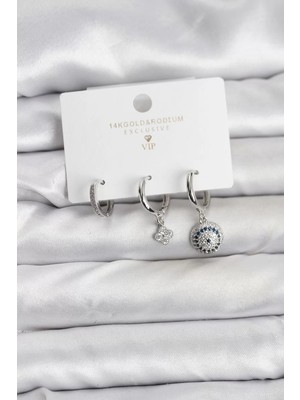 Uravas Store Nazar Model Gümüş Renk Pirinç 3'lü Kadın Küpe Seti - TJ-BKP11442