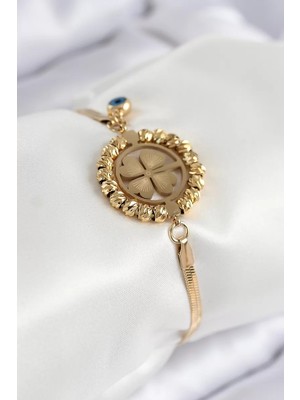Uravas Store Çelik Nazar Boncuk Detaylı Yonca Model Italyan Zincir Gold Renk Kadın Bileklik - TJ-BB7826