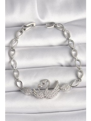 Uravas Store Pirinç Gümüş Renk Zirkon Taşlı Kuğu Figür Damla Zincir Model Kadın Bileklik - TJ-BB6850