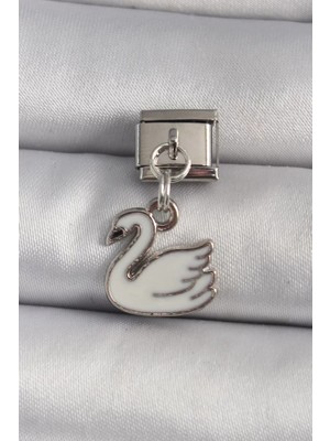 Uravas Store Çelik Gümüş Renk Sallantı Beyaz Kuğu Model Nomination Charm - TJ-BC1160