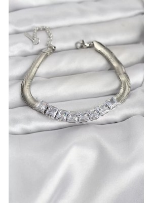 Uravas Store Çelik Gümüş Renk Kare Zirkon Taşlı Yılan Zincirli Kadın Bileklik - TJ-BB8153