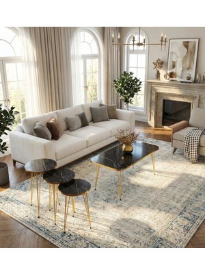 Mooncapella 4'lü, Modern Gold Detaylı Metal Ayaklı Sehpa Seti - Mermer Görünümlü Siyah