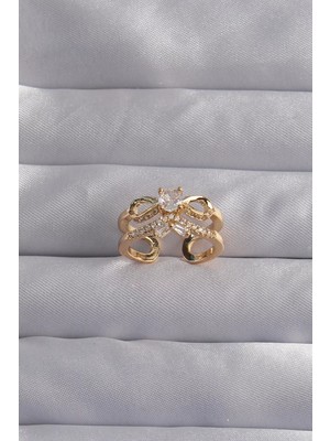 Uravas Store Pirinç Ayarlamalı Gold Renk Zirkon Taşlı 2li Görünüm Fiyonk Yüzük - TJ-BYK3287