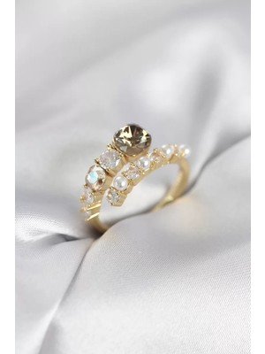 Uravas Store Gold Renk Pirinç Zirkon Taşlı Incili Kadın Yüzük - TJ-BYK4036