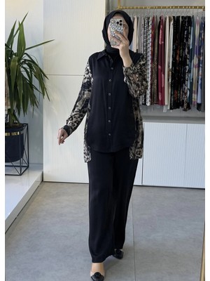 Tığ Triko Leopar Desen Kombinli Dokuma Gömlek Pantolon Takım 5102 Siyah