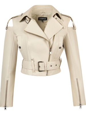 Derimod Avanti Kadın Bej Omzu Açık Kısa Biker Deri Ceket 26SGD5672U7