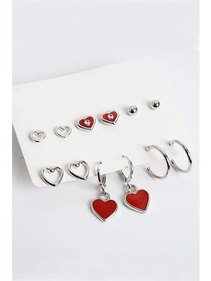 twingold Kalp Tasarımlı Kırmızı Kalpli Halka ve Top Küpeli 6lı Küpe Seti