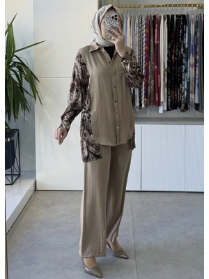 Tığ Triko Leopar Desen Kombinli Dokuma Gömlek Pantolon Takım 5102 Camel