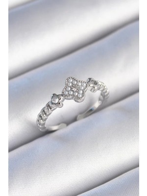 Uravas Store Pirinç Gümüş Renk Incili Yonca Model Zirkon Taş Detaylı Kadın Yüzük - TJ-BYK3439