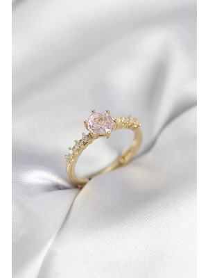 Uravas Store Gold Renk Pembe Tek Taş Model Zirkon Taşlı Kadın Yüzük - TJ-BYK3991