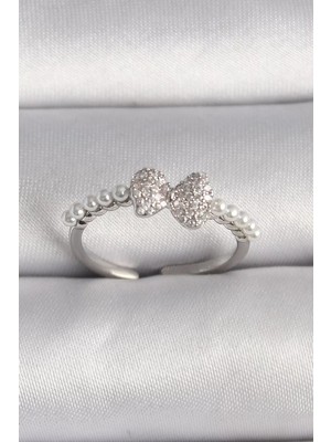 Uravas Store Pirinç Gümüş Renk Zirkon Taşlı Fiyonk Inci Detay Ayarlanabilir Yüzük - TJ-BYK3526