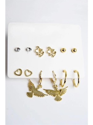 twingold Kuş Kalp ve Köpek Figürlü Gold Renkli Halka Tektaş ve Top Küpeli 6lı Unisex Küpe Seti