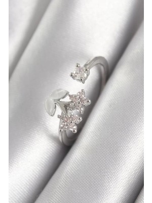 Uravas Store Pirinç Gümüş Renk Zirkon Taşlı Çiçek Model Kadın Yüzük - TJ-BYK3068