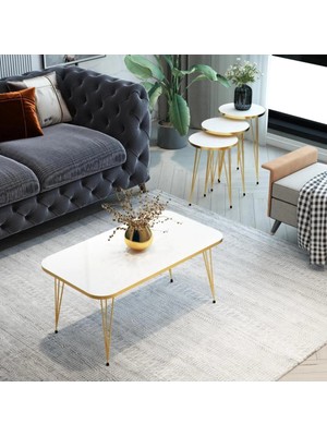 Mooncapella 4'lü, Modern Gold Detaylı Metal Ayaklı Sehpa Seti - Beyaz