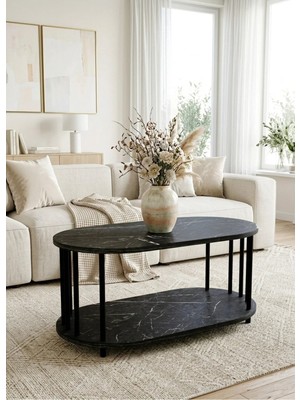 Mooncapella Orta Sehpa Oval Sehpa Zigon Sehpa Iki Katlı Gazetelikli Sehpa Siyah Ayak