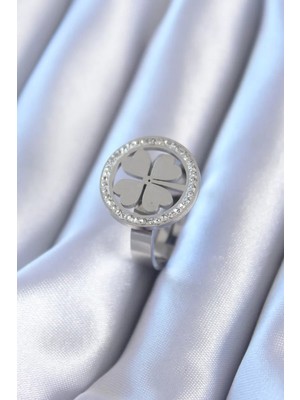 Uravas Store Çelik Gümüş Renk Zirkon Taşlı Yonca Model Kadın Yüzük - TJ-BYK2765