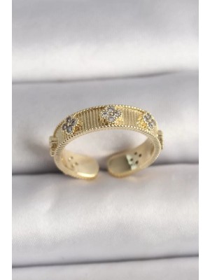 Uravas Store Pirinç Gold Renk Zirkon Taşlı Yonca Işlemeli Ayarlanabilir Yüzük - TJ-BYK3545