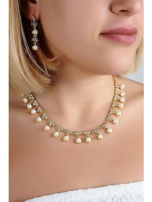 twingold Özel Tasarımlı Turkuaz Taşlı ve Zirkon Taşlı Kolye Küpe Takı Seti