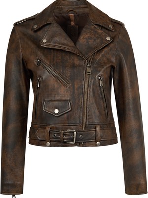Derimod Newage Kadın Kahverengi Slim-Fit Biker Deri Ceket 26SGD5983VD