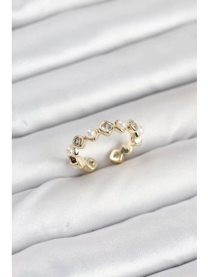 Uravas Store Pirinç Gold Renk Zirkon Taşlı Incili Kadın Yüzük - TJ-BYK3876